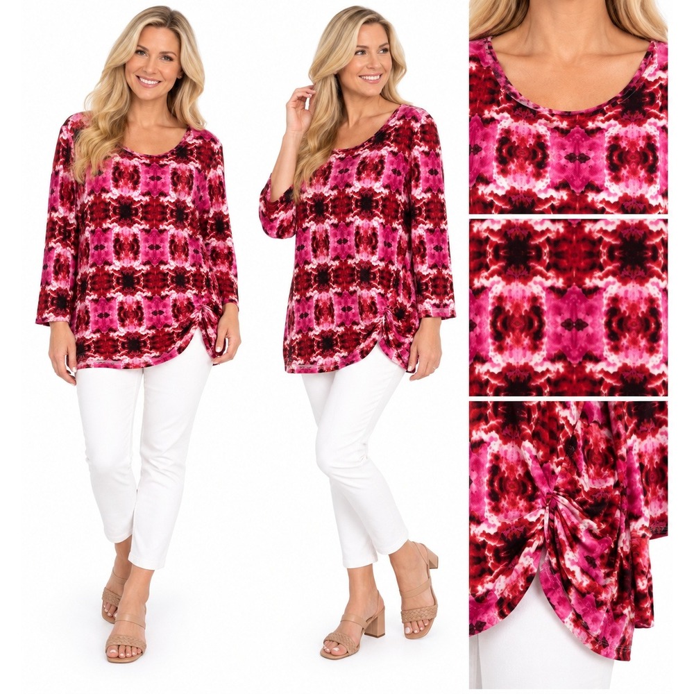 Ruby Rd Top 2X Pink Tie Dye Kaleidoscope Side Knot Long Sleeve Boho Tunic Hippie